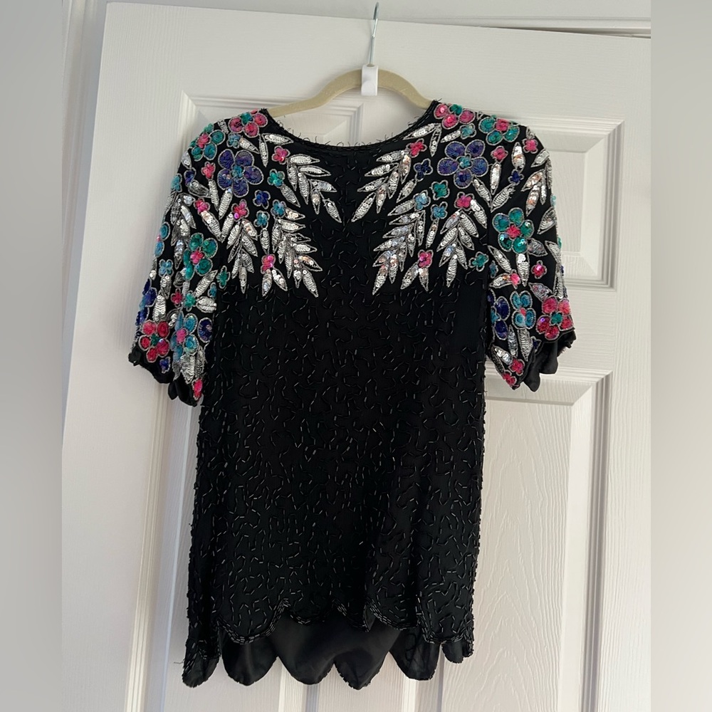 Vintage 1980s Beaded Rainbow Floral Embellished Silk scallop Evening Top Blouse